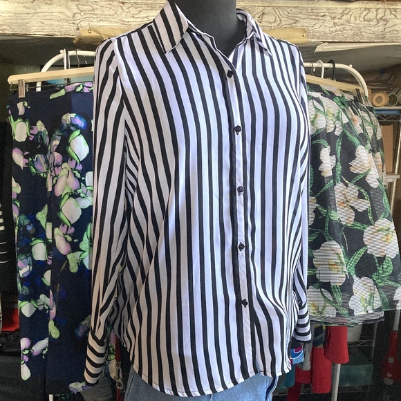 Black and White Striped Button Up Blouse - Picture 4 of 9